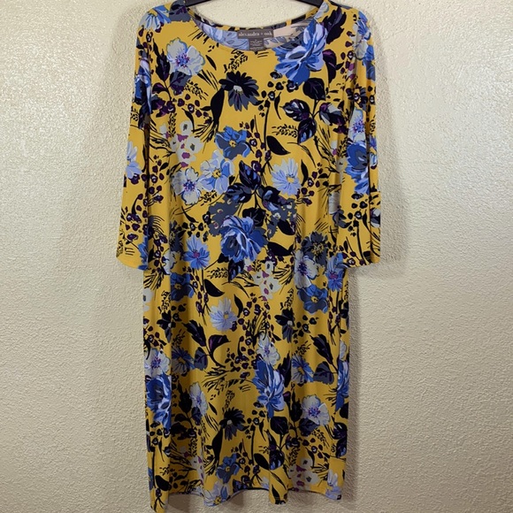Alexandra Oak Dress Yellow Blue Black Floral XL Stretchy Pullover Polyester - Picture 1 of 11